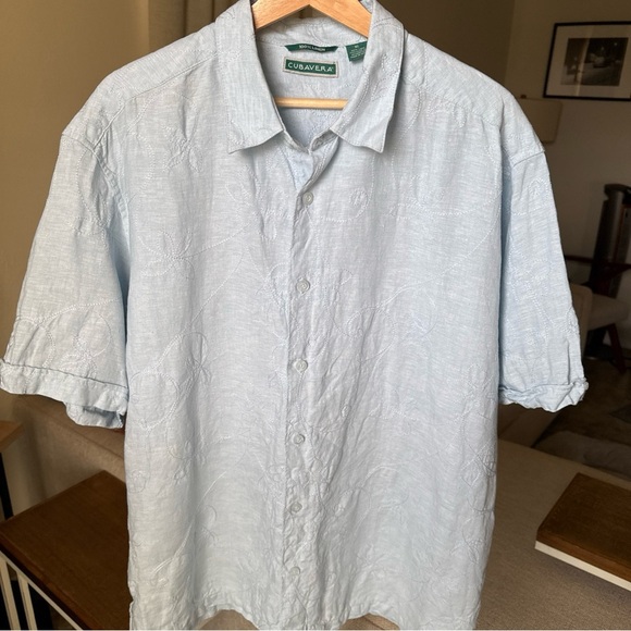 Cubavera Men’s S/S 100% Linen Light Blue Shirt W/Floral Embroidery Size XL - Picture 2 of 13